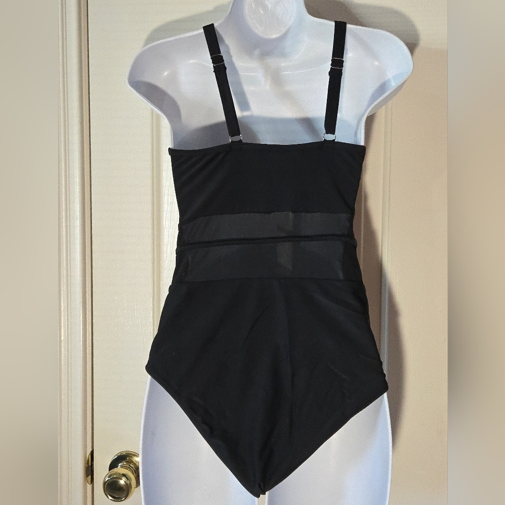Holipick One Piece Swimsuit Bathing Suit Black Mesh Cutouts High Neck See Throug - Picture 4 of 16